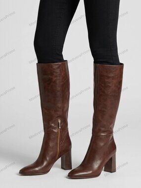 Calvin Klein Dawna Women's Dark Brown Leather Knee High Block Heel Boots NWT
